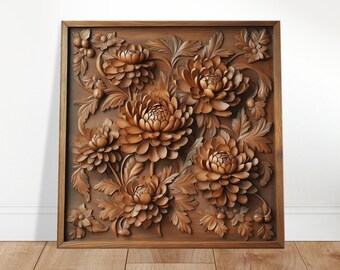 菊の彫刻、木彫りの花のデザイン、木彫りのアートプリントキャンバス