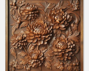 豊かな花の彫刻、牡丹の木彫りデザイン、木彫りアートプリント