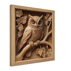 Forest Watcher Carved, Wood Carving Designs of a Perched Owl, Woodcarving Art Print Canvas