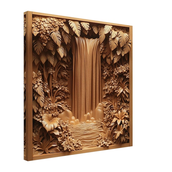 Dschungel Kaskade, Holzschnitzerei Designs eines tropischen Wasserfalls, Holzschnitzerei Kunstdruck Leinwand