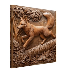 Woodland Stride, Wood Carving Designs of a Fox in Nature, Woodcarving Art Print Canvas
