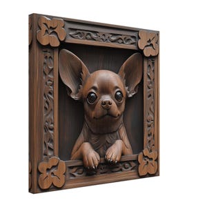 Adorable Chihuahua, Wood Carving Designs of a Petite Dog, Woodcarving Art Print Canvas