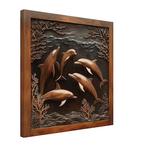 Oceanic Joy, Wood Carving Designs of Dolphins at Play, Woodcarving Art Print Canvas