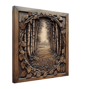 Forest Path, Wood Carving Designs of a Woodland Scene, Woodcarving Art Print Canvas