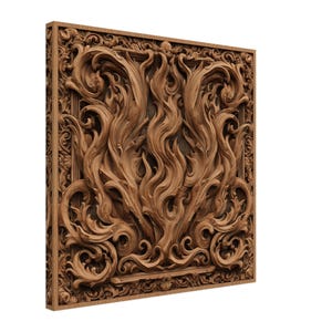 May include: A square, wooden wall art piece with intricate, carved details. The design features flowing, organic shapes and patterns, with a central motif resembling flames or stylized foliage. The wood has a warm, natural tone.