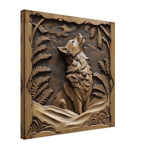 Howling Wolf, Wood Carving Designs of a Wild Canine, Woodcarving Art Print Canvas