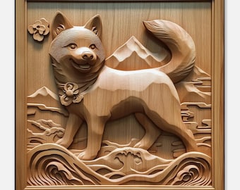 山の秋田犬、忠犬の木彫りデザイン、木彫りアートプリントキャンバス