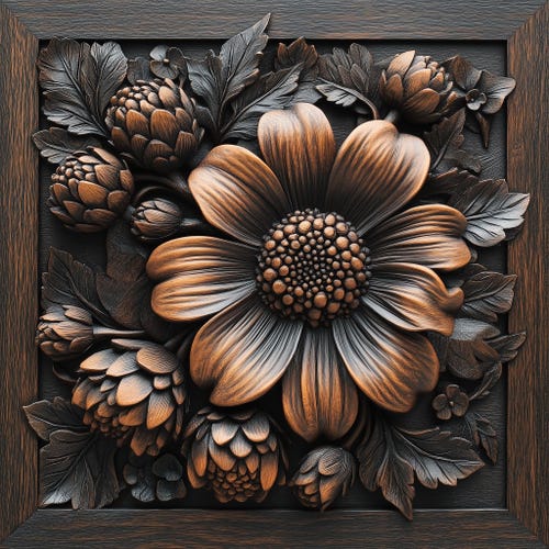 Dahlia Bouquet, Wood Carving Designs of Garden Flowers