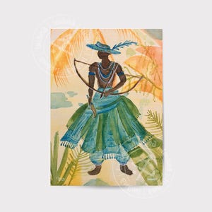 Pode incluir: Pintura em aquarela de uma figura em traje azul e turquesa, segurando um arco. A figura usa um chapéu com uma pena e joias. O fundo apresenta folhas de palmeira e um céu de cor clara. A obra de arte tem uma estética vintage.