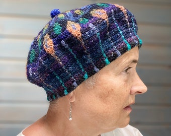 Crocheted Hat Beret -- Night Lights in the City