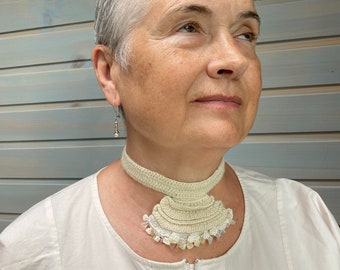 Crocheted Raw Silk Necklace -- Silky Seashell