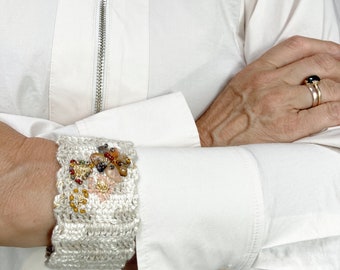 Crocheted Silk and Linen Wrist Band -- White and Rust