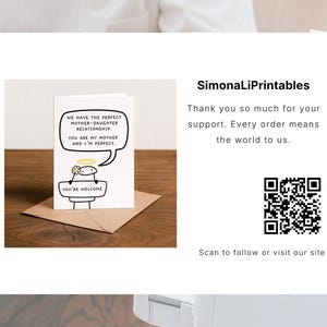 Peut inclure: Une carte de v&oelig;ux avec un personnage de dessin anim&eacute; et le texte "WE HAVE THE PERFECT MOTHER-DAUGHTER RELATIONSHIP. YOU ARE MY MOTHER AND I'M PERFECT. YOU'RE WELCOME." La carte est sur une enveloppe marron. L'image comprend &eacute;galement le texte "SimonaLiPrintables".