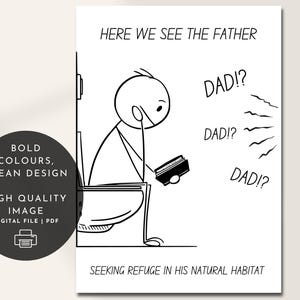 Printable funny dad card digital download showing bold black-and-white toilet humor design with “Here We See the Father” caption, clear modern typography and high quality PDF for instant download.