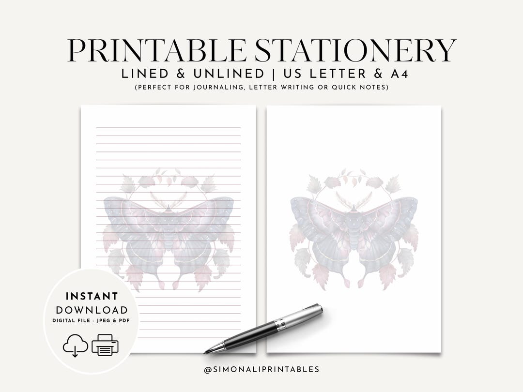 Moth Printable Stationery Set Printable Stationary Journaling & Letter ...