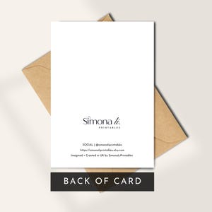 Back of printable card with Simona Li Printables logo, social media and shop URL, minimal modern branding for black and white printable dad birthday card.