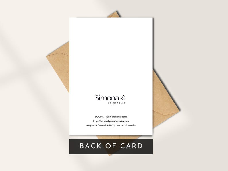 Back of printable card with Simona Li Printables logo, social media and shop URL, minimal modern branding for black and white printable dad birthday card.