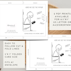 An image showing the printable card layout and instructions. The top section displays a 8.5"x11" or A4 sheet with dotted cut and fold lines, featuring the front and back of a humorous card depicting a stick figure man on a toilet reading, with "DAD!?" speech bubbles. The bottom left explains "EASY TO FOLLOW CUT & FOLD LINES," "5"X 7" FOLDED CARD SIZE," and "FITS A7 ENVELOPE." The top right highlights "2 PDF PRINTS AVAILABLE FOR 8.5"X11" US LETTER OR A4 (210X297MM)."
