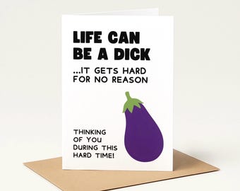 Könnte beinhalten: Eine weiße Grußkarte mit einer violetten Auberginen-Illustration und schwarzem Text: LIFE CAN BE A DICK ...IT GETS HARD FOR NO REASON. Unter der Aubergine steht der Text: THINKING OF YOU DURING THIS HARD TIME!