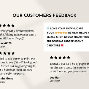 Customer review graphic for printable cards showing five-star ratings and testimonials from buyers about high-quality PDF design and easy folding, plus a message encouraging buyers to leave a ⭐⭐⭐⭐⭐ review to help the small shop grow.