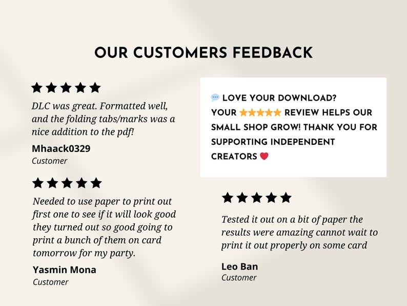 Customer review graphic for printable cards showing five-star ratings and testimonials from buyers about high-quality PDF design and easy folding, plus a message encouraging buyers to leave a ⭐⭐⭐⭐⭐ review to help the small shop grow.