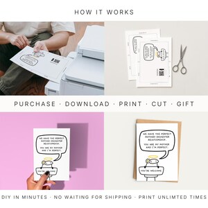 Peut inclure: Un guide &eacute;tape par &eacute;tape pour une carte de v&oelig;ux &agrave; faire soi-m&ecirc;me. L'image montre le processus : achat, t&eacute;l&eacute;chargement, impression, d&eacute;coupe et cadeau. La carte pr&eacute;sente un personnage de dessin anim&eacute; et le texte : "NOUS AVONS LA RELATION M&Egrave;RE-FILLE PARFAITE."