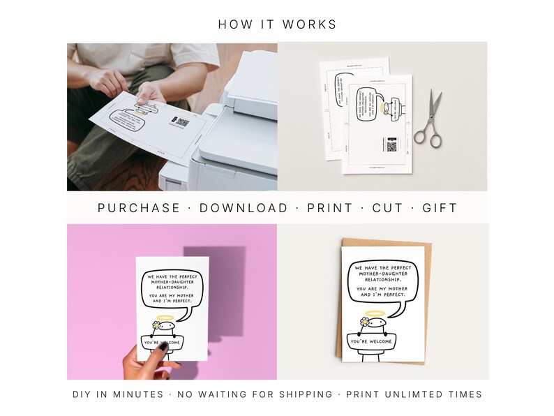 Peut inclure: Un guide &eacute;tape par &eacute;tape pour une carte de v&oelig;ux &agrave; faire soi-m&ecirc;me. L'image montre le processus : achat, t&eacute;l&eacute;chargement, impression, d&eacute;coupe et cadeau. La carte pr&eacute;sente un personnage de dessin anim&eacute; et le texte : "NOUS AVONS LA RELATION M&Egrave;RE-FILLE PARFAITE."