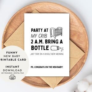 Tarjeta imprimible divertida para recién nacidos: "Fiesta en mi cuna a las 2 a. m." - Regalo divertido para baby shower de padres primerizos (descarga digital en PDF)
