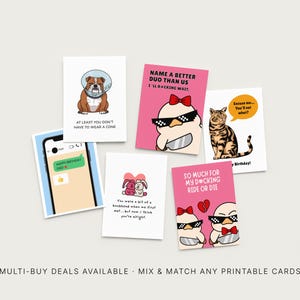 Peut inclure: Plusieurs cartes de v&oelig;ux avec des illustrations humoristiques et du texte. Les cartes pr&eacute;sentent un bouledogue, un t&eacute;l&eacute;phone avec un message d'anniversaire, des canards de dessins anim&eacute;s, un chat et des lapins de dessins anim&eacute;s. Les cartes sont blanches et roses.