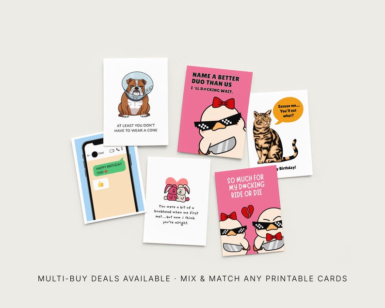 Peut inclure: Plusieurs cartes de v&oelig;ux avec des illustrations humoristiques et du texte. Les cartes pr&eacute;sentent un bouledogue, un t&eacute;l&eacute;phone avec un message d'anniversaire, des canards de dessins anim&eacute;s, un chat et des lapins de dessins anim&eacute;s. Les cartes sont blanches et roses.