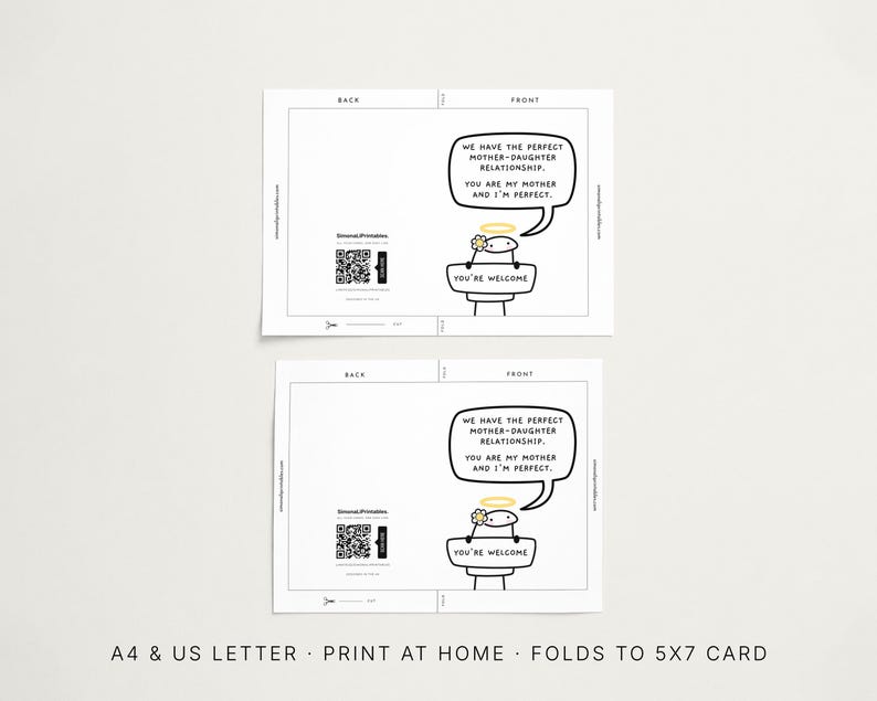 Peut inclure: Deux cartes de v&oelig;ux blanches avec du texte et des illustrations noirs. Le recto de chaque carte pr&eacute;sente un personnage de dessin anim&eacute; avec un halo et une bulle de dialogue qui dit : &laquo; NOUS AVONS LA RELATION M&Egrave;RE-FILLE PARFAITE. TU ES MA M&Egrave;RE ET JE SUIS PARFAIT. &raquo; Le bas de la carte dit &laquo; DE RIEN &raquo;.