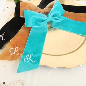 Velvet Ribbon Bow With Letter Embroidery - 13 Colors available Personalized for Custom Gifts, Decor, Events, Occasions, Gifts for Her