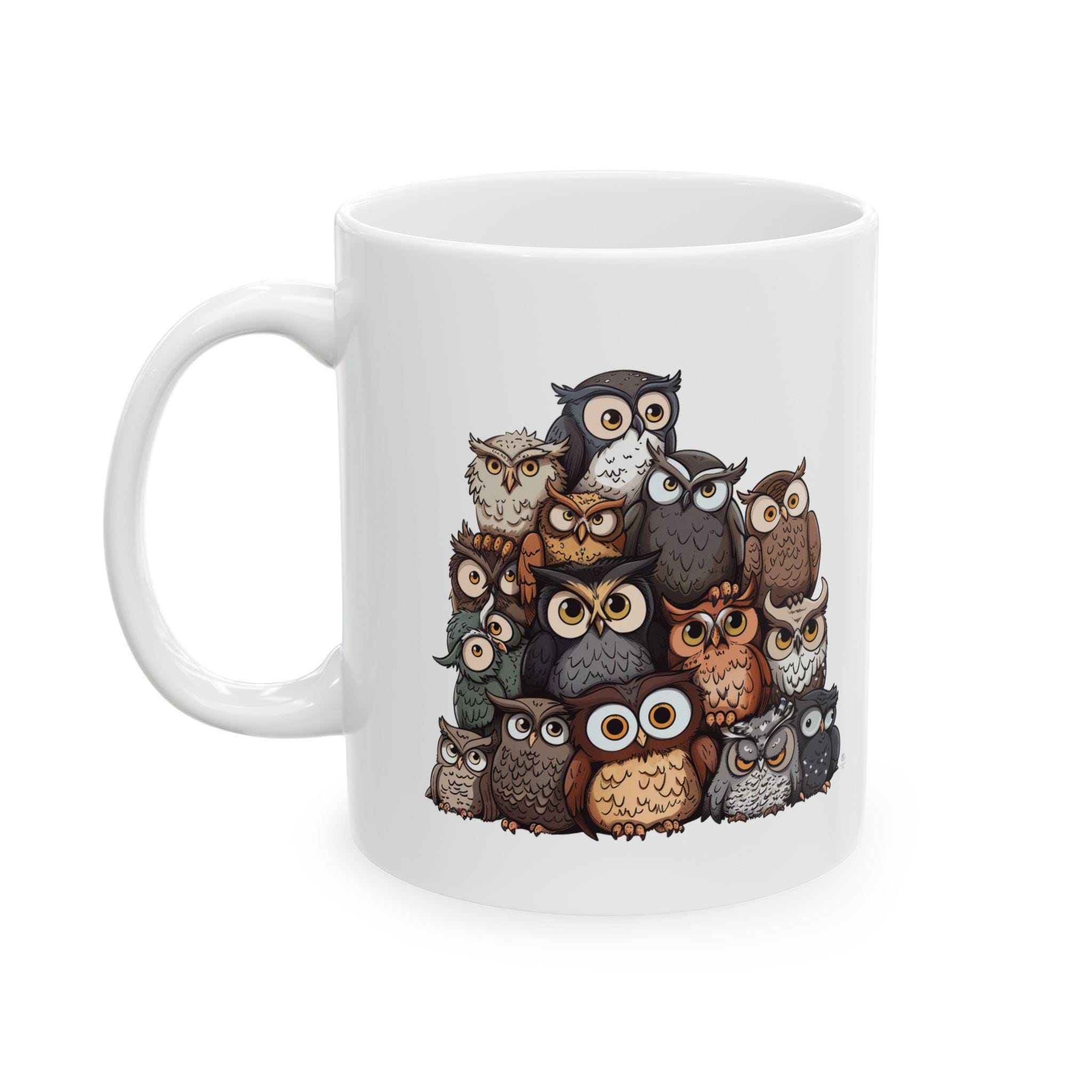 Owl Mug, Cute Owls Pyramid Coffee Cup, Animal Lover Gift, Tea Mug, Whimsical Owl Decor,