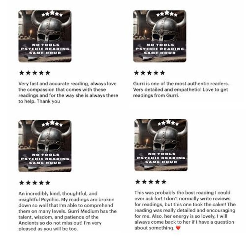 May include: Four screenshots of reviews for a psychic reading service called "No Tools Psychic Reading Same Hour". Each screenshot shows a five-star rating and a review. The reviews are positive and praise the reader's accuracy, compassion, and helpfulness.