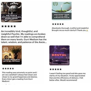 May include: Four Etsy shop listings for psychic readings. Each listing features a colorful image and a five-star rating. The listings include "No Tools Psychic Reading Same Hour", "Discover Your Career and Financial Path", "Clear Insights Into My Future", and "Detailed Brutal Reading Same Hour Same Day".