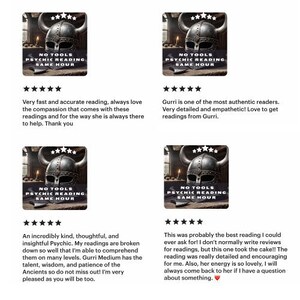 May include: Four screenshots of reviews for a psychic reading service called "No Tools Psychic Reading Same Hour". Each screenshot shows a five-star rating and a review. The reviews are positive and praise the reader's accuracy, compassion, and helpfulness.