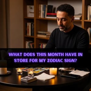 May include: A man sits at a table with tarot cards, candles, and a smartphone. The text on the image reads: "WHAT DOES THIS MONTH HAVE IN STORE FOR MY ZODIAC SIGN?" The scene is set in a dimly lit room with a bookshelf in the background.