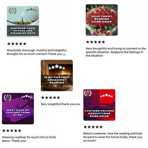 May include: Five Etsy shop reviews with five stars each. Each review includes a photo of a tarot card reading service and a customer testimonial. The services include: Discover Your Career and Financial Path, Love Tarot Reading Same Hour, Is My Partner Cheating? Reading, What Does My Partner Think of Me?, and 5 Future Psychic Predictions Same Hour.