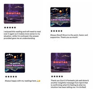 May include: Four screenshots of Etsy reviews for tarot card readings. Each review includes a five-star rating and a comment. The reviews are for "Detailed Brutal Reading", "In-Depth Love Reading", and "In-Depth Love Reading".