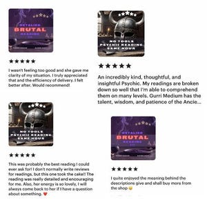 May include: Two Etsy shop listings for psychic readings. The first listing is for a "Detailed Brutal Reading" and the second listing is for a "No Tools Psychic Reading Same Hour". Both listings feature a five-star rating and customer reviews.