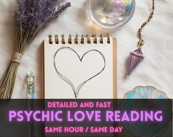 May include: A notebook with a hand-drawn heart, a bundle of dried lavender, a crystal pendulum, and a clear crystal wand. The image includes text that reads "DETAILED AND FAST PSYCHIC LOVE READING SAME HOUR / SAME DAY."