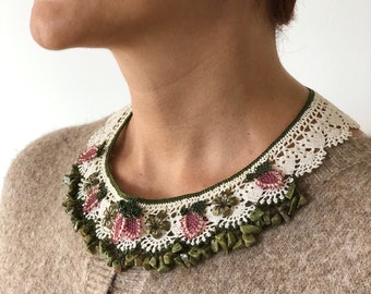 Lace Crochet Collar with Pink and Green Needlepoint Embroidered Flowers & Beads