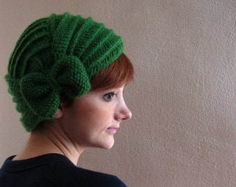 Hot Green Crochet Beret with Bow