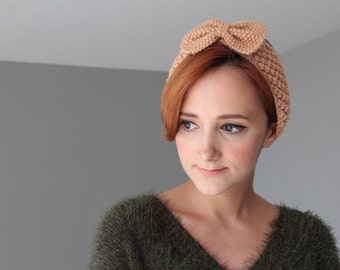 Lİght Peach-Salmon Bow Knitted Headband