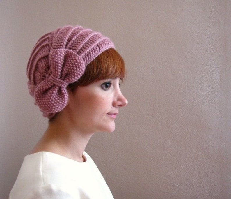 Dusty Rose Crochet Beret with Bow image 1