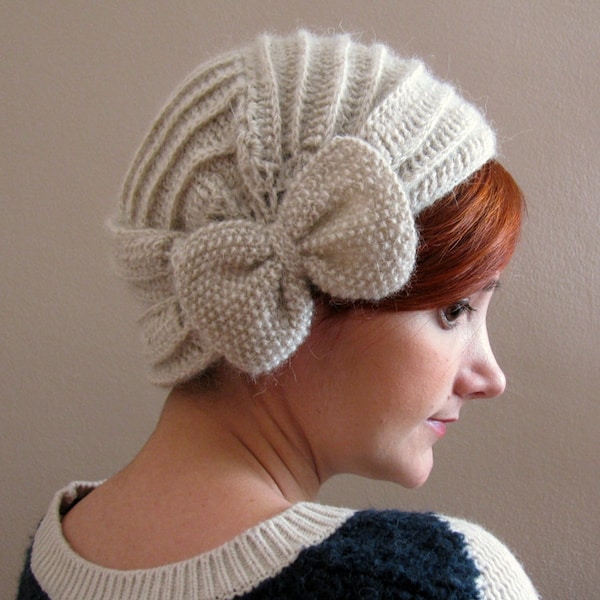 Light Cream Crochet Beret with Bow