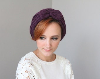 Purple Crochet Beret with Bow