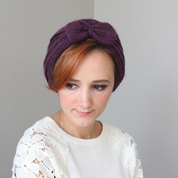 Purple Crochet Beret with Bow