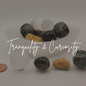 May include: A collection of polished stones in various shades of white, gray, black, and tan, arranged inside and around a white bowl. The text "Tranquility & Curiosity" is overlaid in white script. A copper penny is placed next to the stones.