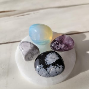 May include: Four tumbled stones on a white selenite charging plate. The stones are a white and gray dalmatian jasper, a black and white snowflake obsidian, a purple amethyst, and a blue and yellow opal.